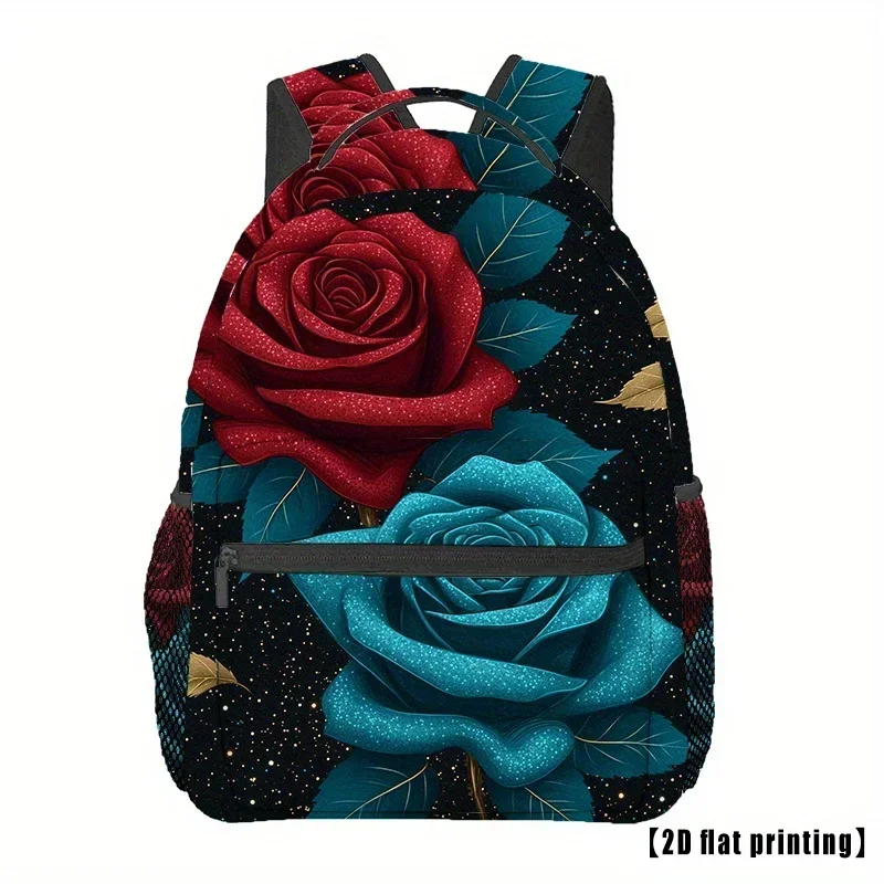 Custom Floral Print Casual Backpack with Red Roses & Teal Leaves on Black - Lightweight Durable Laptop Backpack for Men & Women