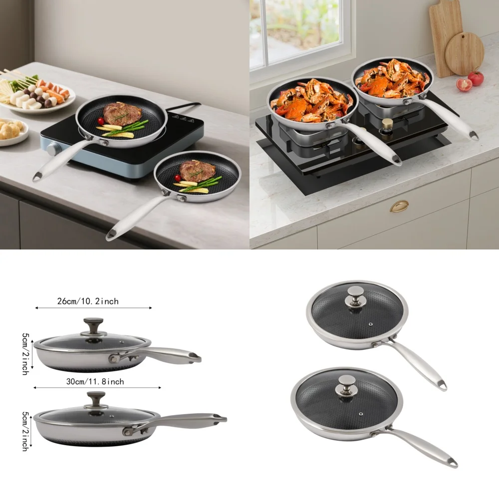 

Cookware Sets2 Pcs Stainless Steel Non Stick Frying Pan Set with Lid Oven Safe Dishwasher Safe Cookware for Healthy Cooking