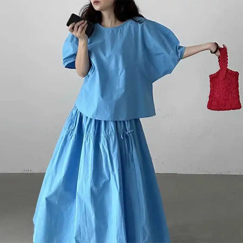 

Clothland Women Sweet Blouse Skirt Suit Loose Wide Sleeve Shirt Bow Tie Midi Skirts Preppy Style Summer Two Piece Set TA617