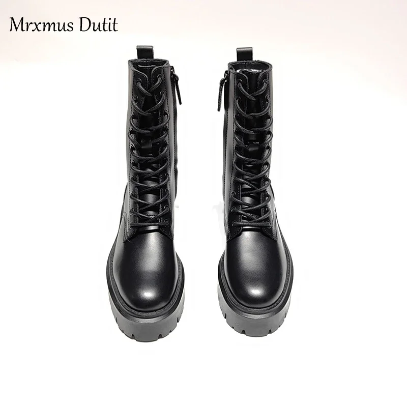 Mrxmus Dutit 2024 Winter Fashion New Women Genuine Leather Lacing Flat Short Boots Round Head Simple Casual Short Female Chic