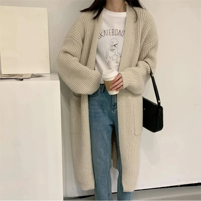 Autumn Warm Midi Knitted Cardigan Women Korean Loose Pocket Casual Knit Coats Female Fashion Lazy Style Solid All-Match Cardigan