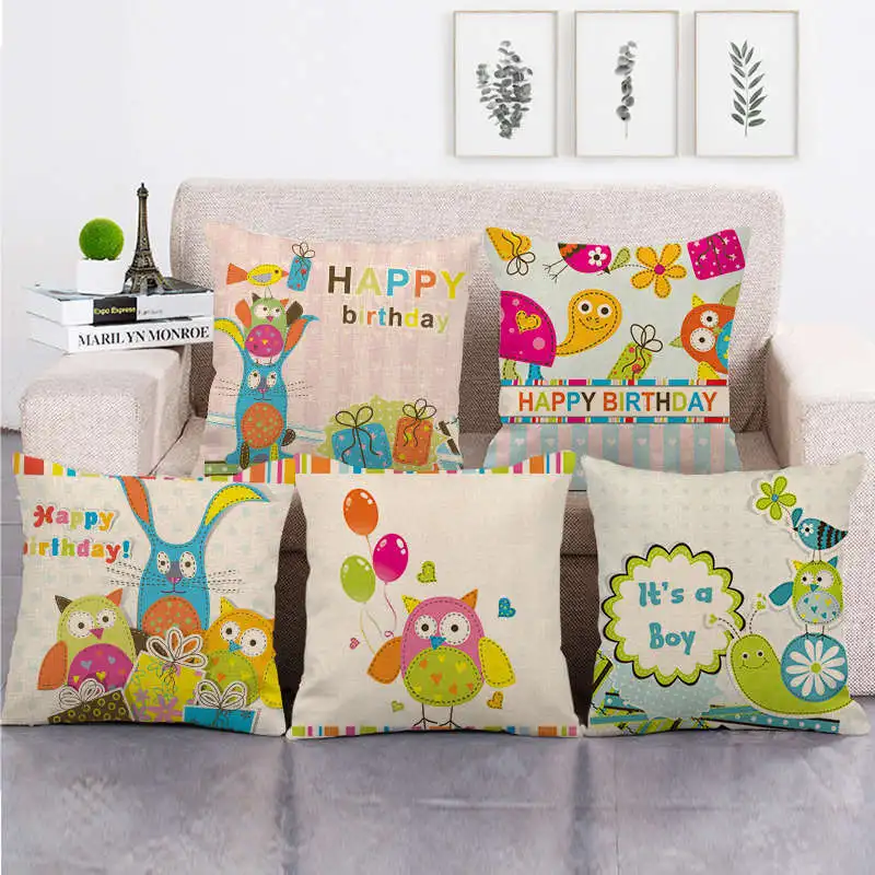 

Happy Birthday Decor Pillow Case Cute Colorful Owl Decorative Pillowcase for Pillow Girl Boy Kid Room Gift Sofa Bed Pillow Cover