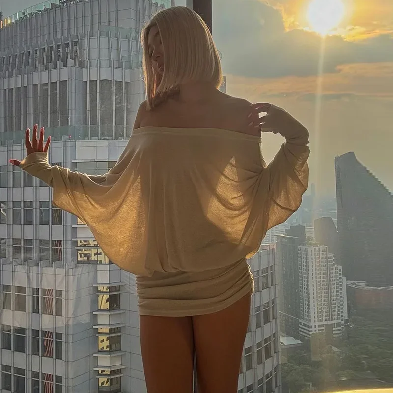 XIAOTANG Off Shoulder Sheer Mini Dress Outfits for Women Sexy Long Sleeve Ruched Party Dresses Bodycon Solid Color Robe Femme