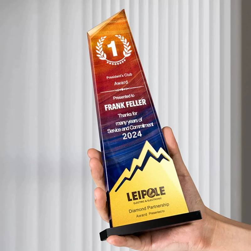 Customized Crystal Trophy, Metal Gold, Silver, Copper Optional, Excellent Company, Annual Meeting Souvenirs, Color Printing, 1Pc