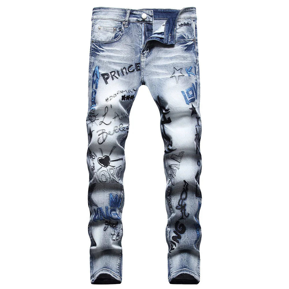 Men Letters Embroidery Denim Jeans Light Blue Slim Straight Pants Streetwear Stretch Spandex Cotton Trousers