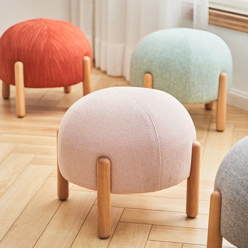 

Mushroom Stool, Solid Wood Cotton Linen Low Stool, Cute Small Round Changing Shoes Bench, Whimsical Decor
