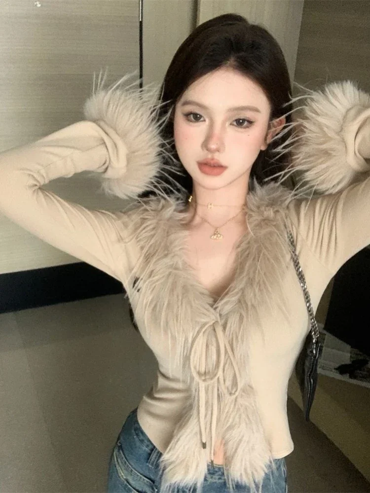 Elegant Sexy Slim Cropped Sweater Korean Fashion Solid Knitted Cardigan Women Y2K Vintage Luxury Lace Up Tops Old Money