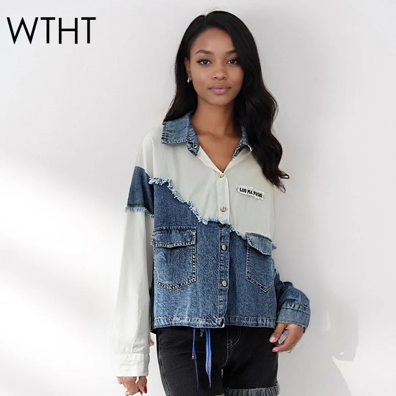 

WTHT модная женская джинсовая рубашка контрастного цвета, осень 2022, модная свободная блузка с длинными рукавами и лацканами, женская 1LS2635