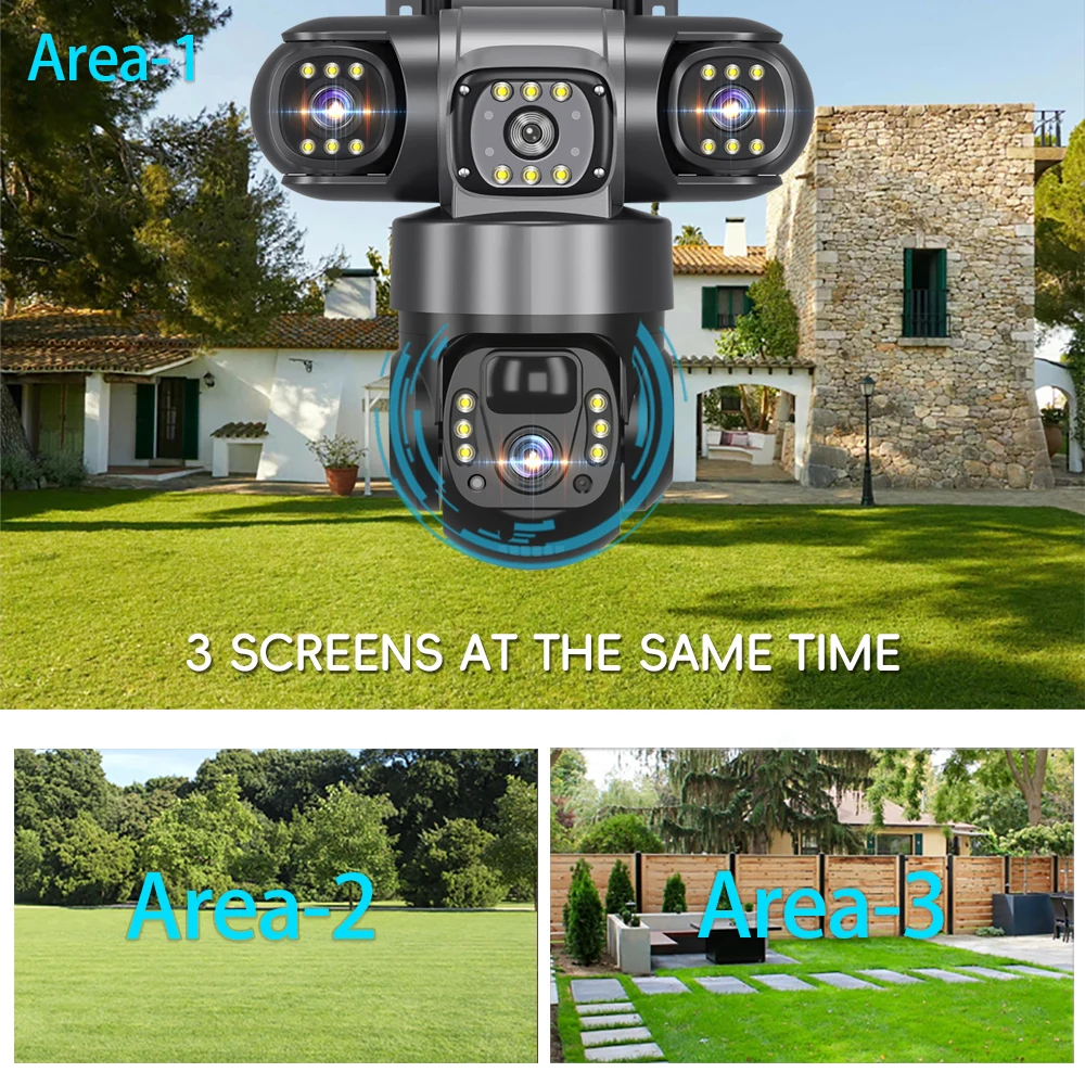 V380 Pro Solar Camera 4G SIM Outdoor 3 Lens Three Screens Webcam PIR Human Detect CCTV Security Video Battery PTZ IP Camara