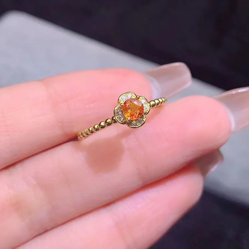 

Кольцо из стерлингового серебра с драгоценными камнями, 4 мм, с натуральным оранжевым сапфиром в форме цветка, с сертификатом, подлинное серебро 925 пробы, ювелирное изделие с сапфиром