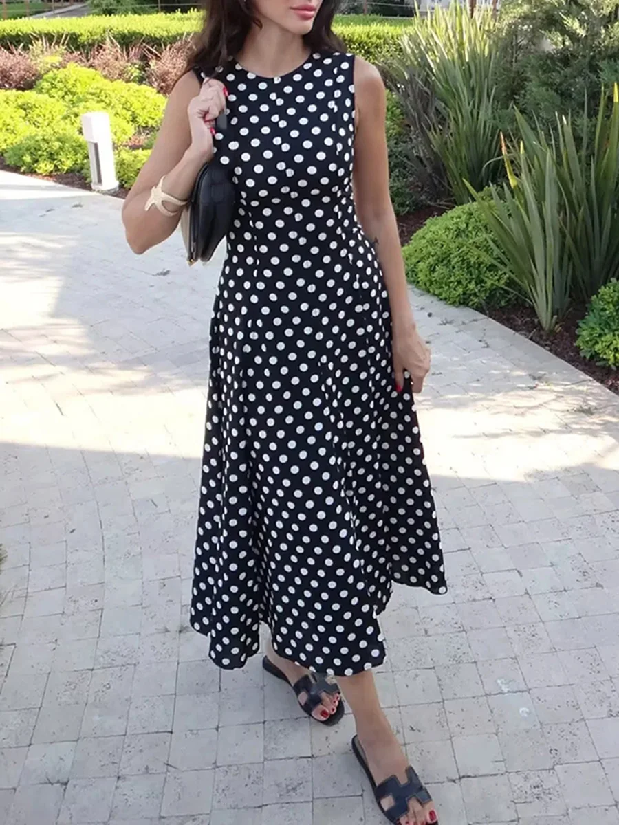 TWOTWINSTYLE ชุดเดรสพิมพ์ลายจุดย้อนยุคฝรั่งเศสสําหรับผู้หญิง O คอแขนกุดเอวสูง ​ ​ พับชุดพรหมหรูหราหญิงฤดูร้อน