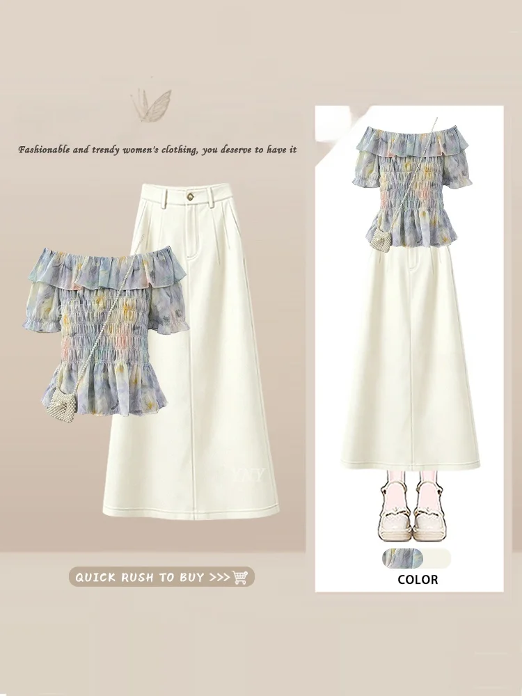 Summer Women's Fashion Shirt And Skirt Set Slim Fit Bubble Sleeve Gradient Color One Shoulder Chiffon Top A-Line  Skirt