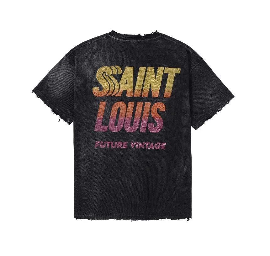 SSSAINT LOUIS New style hand-embossed rhinestone and glittered distressed logo print short-sleeved casual loose-fitting T-shirt