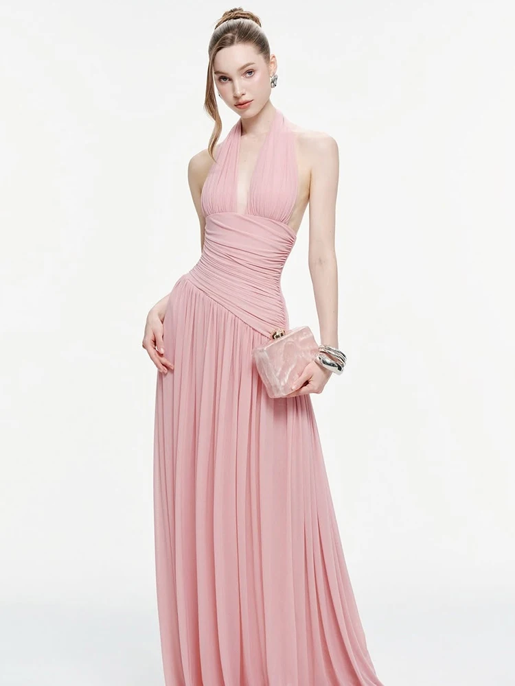 Sisterlinda Damen Elegantes Drapiertes Kleid Sexy Neckholder Bandage Rückenfreies Quasten V-Ausschnitt Ärmellos Einfarbig Geburtstagsparty Schickes Kleid