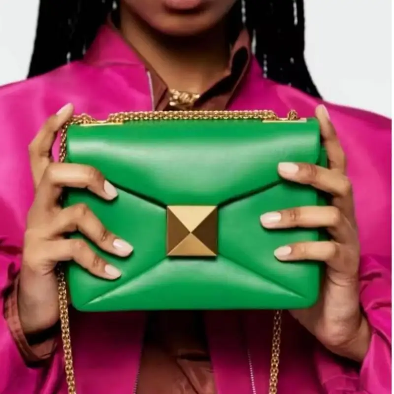 

Cowhide Luxury Designer Leather Handbag Golden Big Rivet Chain Shoulder Bags Small Purse Fashion Green Tote Bag Women Crossbody