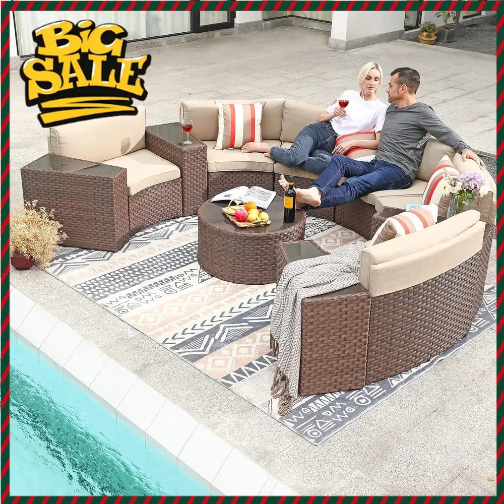 

Набор для отдыха на открытом воздухе из 11 предметов: коричневый плетеный диван, бежевые подушки, 4 приставных столика и 4 подушки для декора. Ограниченное предложение.