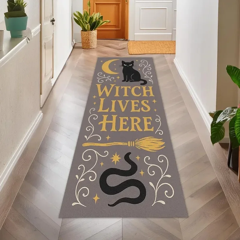 VIKAMA Halloween Gothic Witch Runner Floor Rug Crescent Black Cat Broom Snake Print Non Slip Aesthetic Bedroom Kitchen Decor Mat