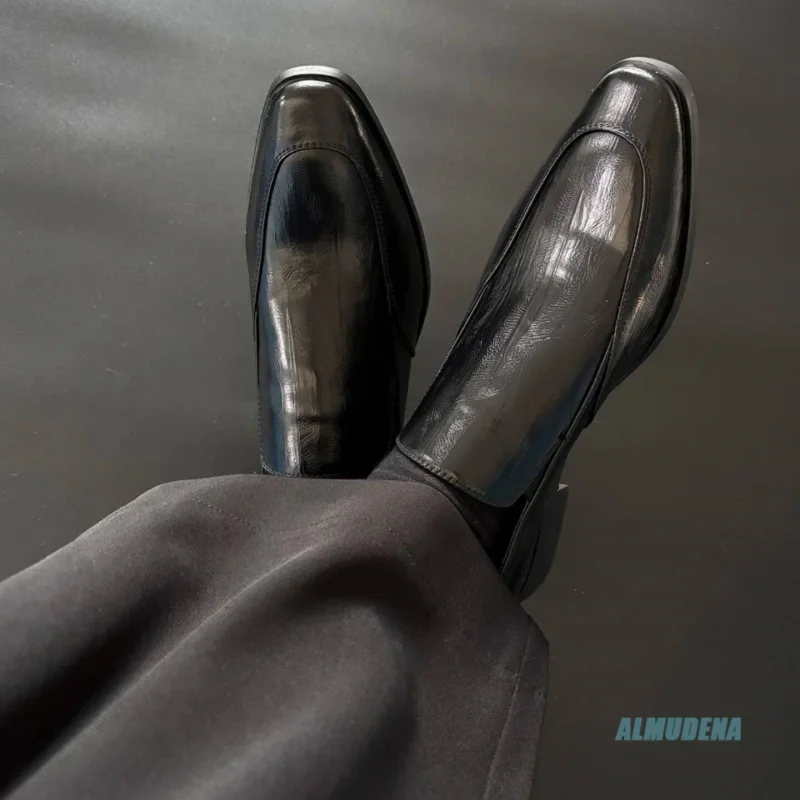 Black Genuine Leather Men's Square Toe Loafers Slip On Low Heel Formal Business Casual Office Daily Wedding Party Dress Shoes
