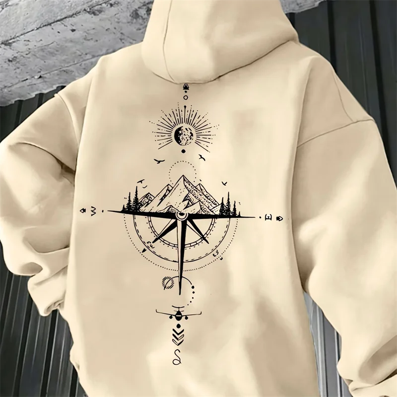 Vintage Compass Print Hoodies for Men High Quality Hooded Long Sleeve Pullover All Season Daily Casual Sports Tops Men's Clothes