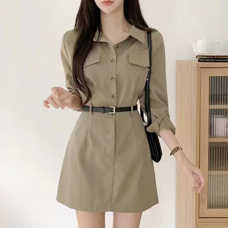 

Элегантное осеннее винтажное платье-рубашка с плиссировкой, поясом, подчеркивающим талию, и отложным воротником, в цвете, для молодых женщин