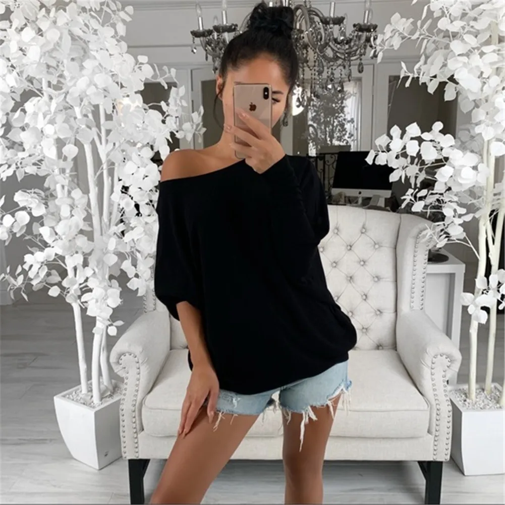

Women's Casual Loose irt Skew Collar Blouse Long Sve Plain Faion Ladies' Premium Quali Clothing