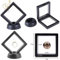 1 Set 70*70mm Black Plastic 3D Floating Jewelry Coin Display Frame Holder Box Case With Stand