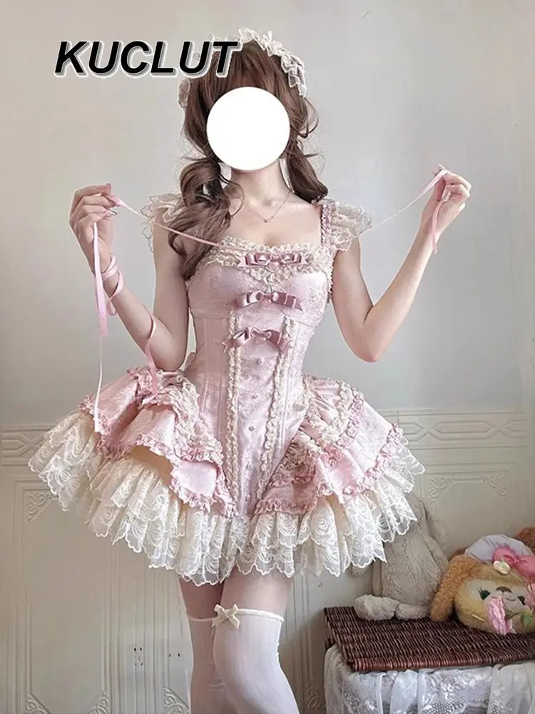 Dolce e carino rosa chiaro Lolita Styleshort Fishbone Jsk Dress Fashion Summer 2025 Nuovi eleganti abiti con cinturino per spaghetti per le donne