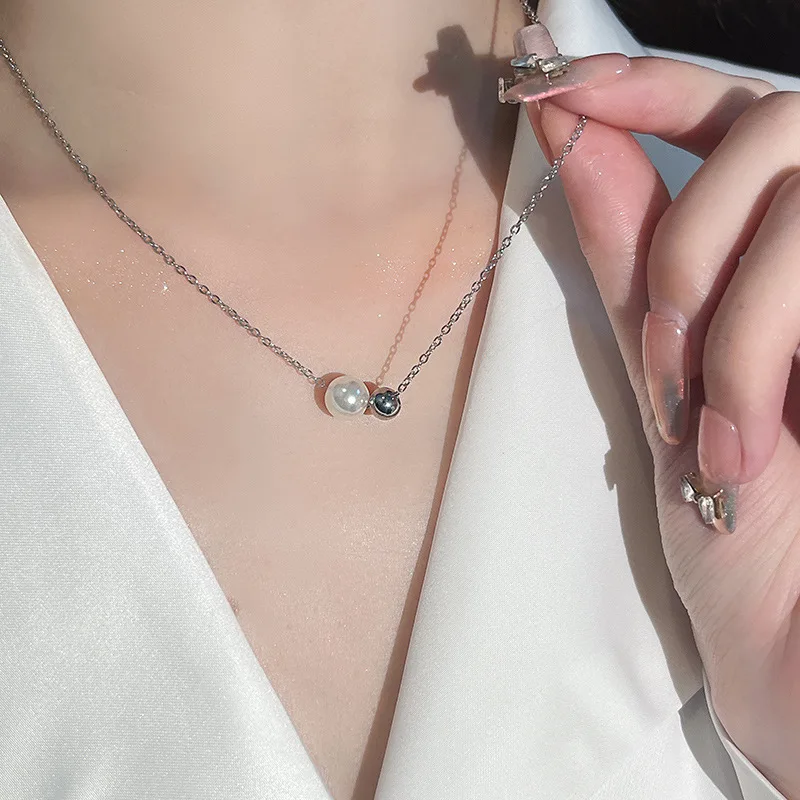 Classic 925 Sterling Silver Imitation Pearl Round Ball Pendant Necklace for Women Girls Collarbone Chain Geometry Jewelry Gifts