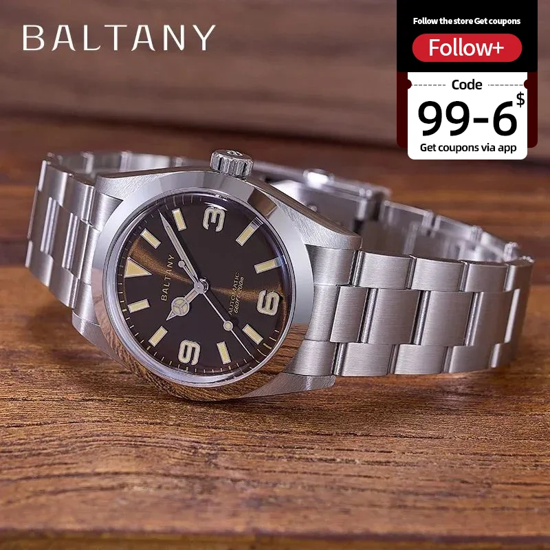 Baltany Vintage Explorer Homage Watches S4056 Sunburst 36mm Stainless Steel Bracelet 200M Luminous Men's Automatic Wristwatch