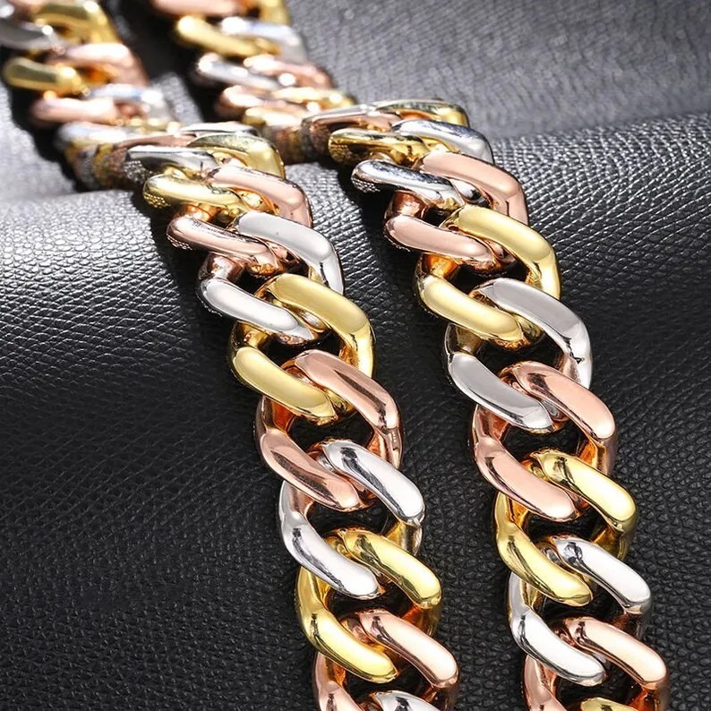 Cuban 20mm Link Chain Necklace Customized 3 Tones 925 Silver Hip Hop Iced Out Moissanite Cuban Chain.