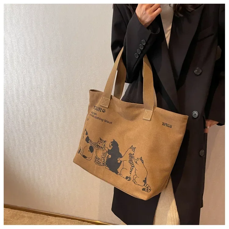 Geräumige Anime-Katzen-Canvas-Tragetasche für Damen mit Schriftzug-Druck, lässige Schultertasche für den Alltag, tragbare Handtasche für Mädchen – Detail 11