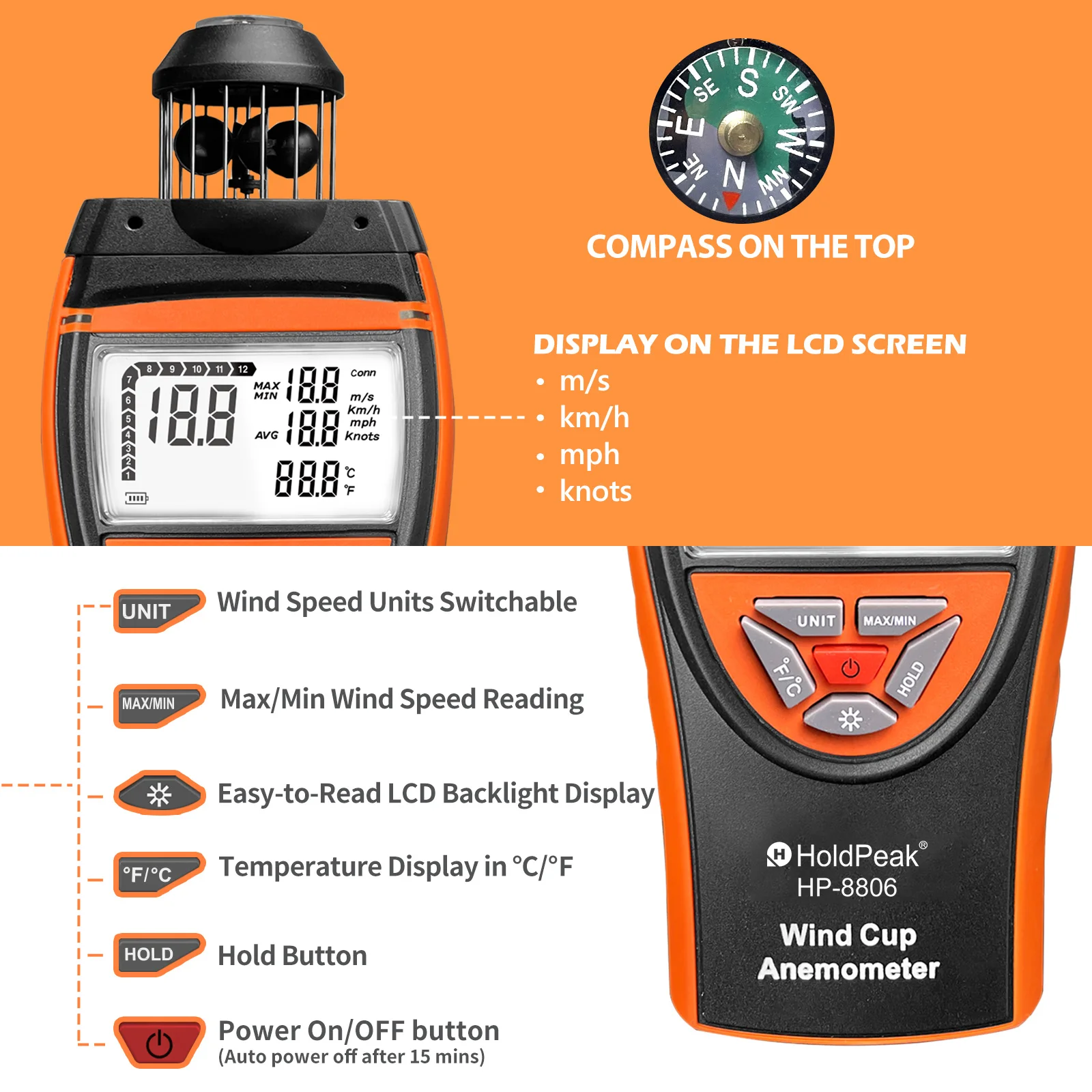 Industrial 3-in-1 Wind Speed Anemometer with Compass Data Logging High-Precision Temperature Average Meter IP65 0.8-150km/h