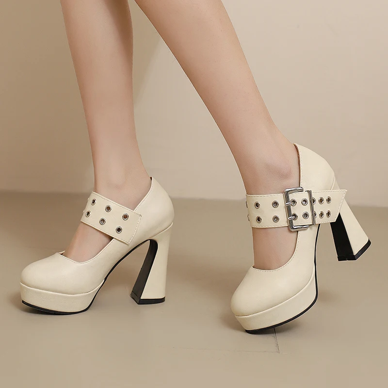 

YMECHIC 2026 Spring Brand Plus Size 45 Women's Platform Shoes Vintage Beige White Gray Block High Heels Mary Janes Pumps Ladies