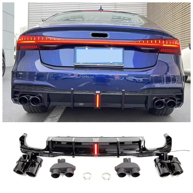 

For Audi A7 S7 2019-2023 High Quality ABS Black Trunk Bumper Rear Diffuser Spoiler Exhaust Protector Cover (With LED Light)