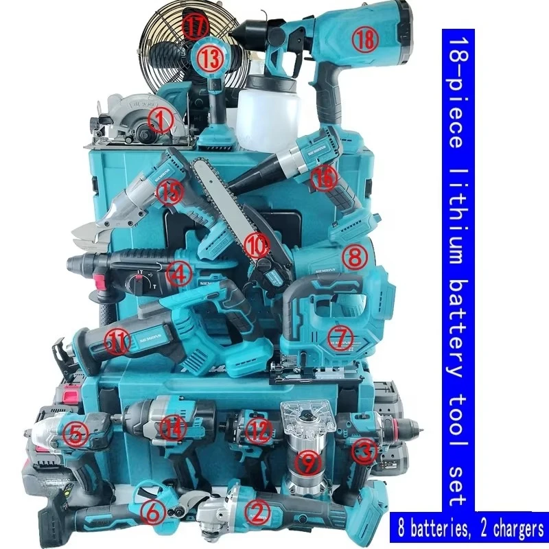 18Pcs Lithium Battery Powered Electric Tool Set Includes Hammer Angle Grinder Drill Hot Air Hair Dryer-Polished Finish Boxed