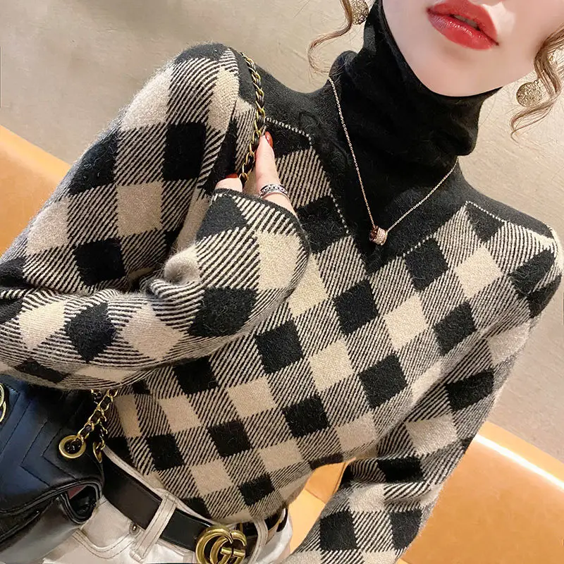 Women\'s High Neck Striped Knitted Tops New Autumn and Winter Fashion All-match Printing Plaid Long Sleeve Pullover Slim Sweater