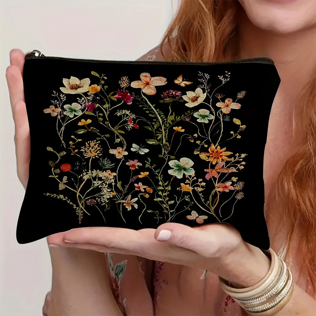 Durable Polyester Chic Black Floral Makeup Bag with Zipper Versatile for Travel, Vacation, Business Outdoor Use Cosmetic Pouch