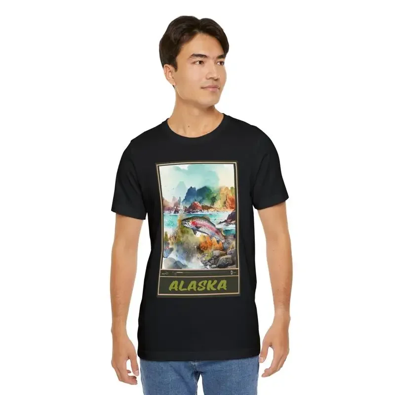 Alaska Fly Fishing Travel Poster Jersey T Shirt Outdoors Sports Trout Salmon