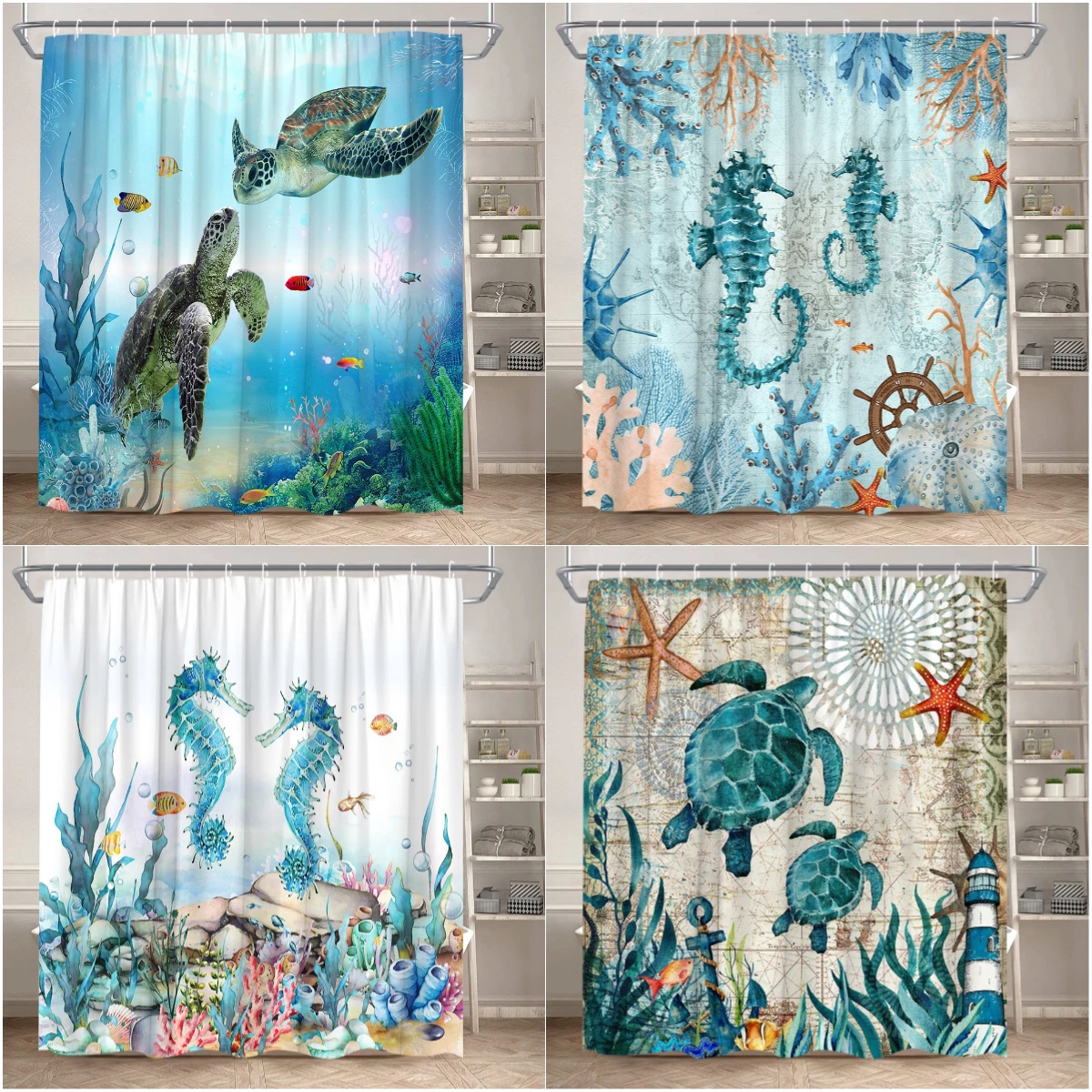 

Ocean Shower Curtain Nautical Vintage Lighthouse Turtle Octopus Watercolor Animals Kids Polyester Fabric Bathroom Decor Curtain