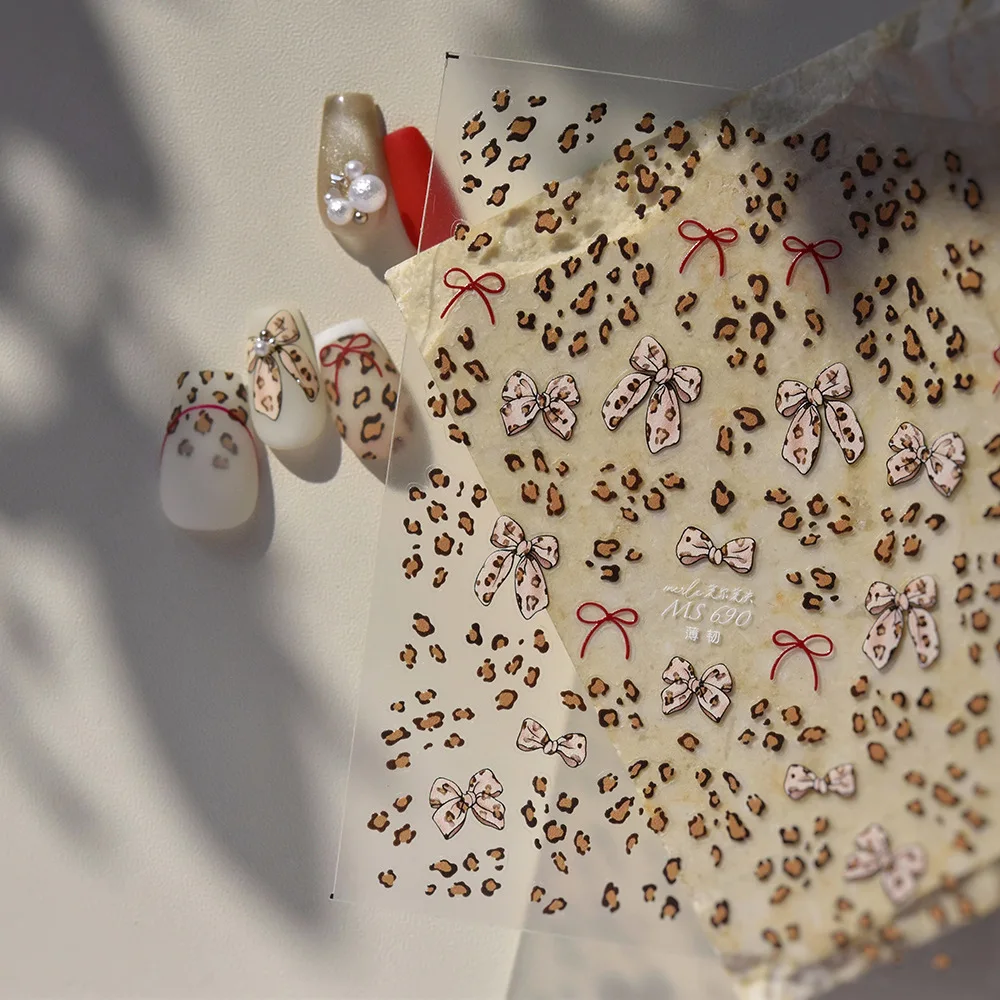 

1 шт., 3D наклейки для ногтей с леопардовым бантом и любовью, очаровательные наклейки для дизайна ногтей с бантом и жемчугом, слайдеры, осенние украшения для маникюра, принадлежности для ногтей