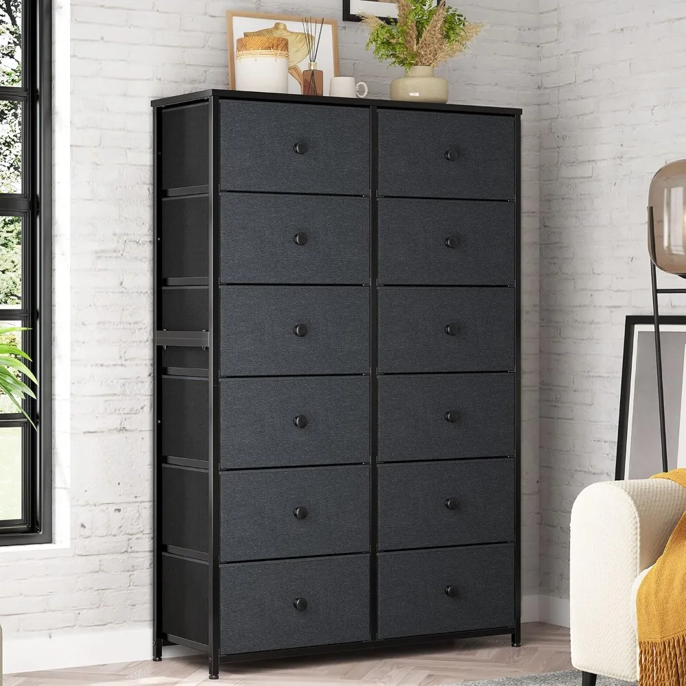 

12 Drawer Dresser, Tall Dressers for Bedroom with Wooden Top and Metal Frame, Black Dresser & Chest of Drawers for Bedroom