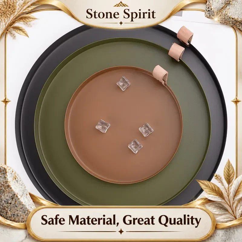 【Premium】AhunderJiaz Nordic Style Leather Handle Round Metal Tray  Cosmetic Snacks Sundries Storage Tray Home Decoration