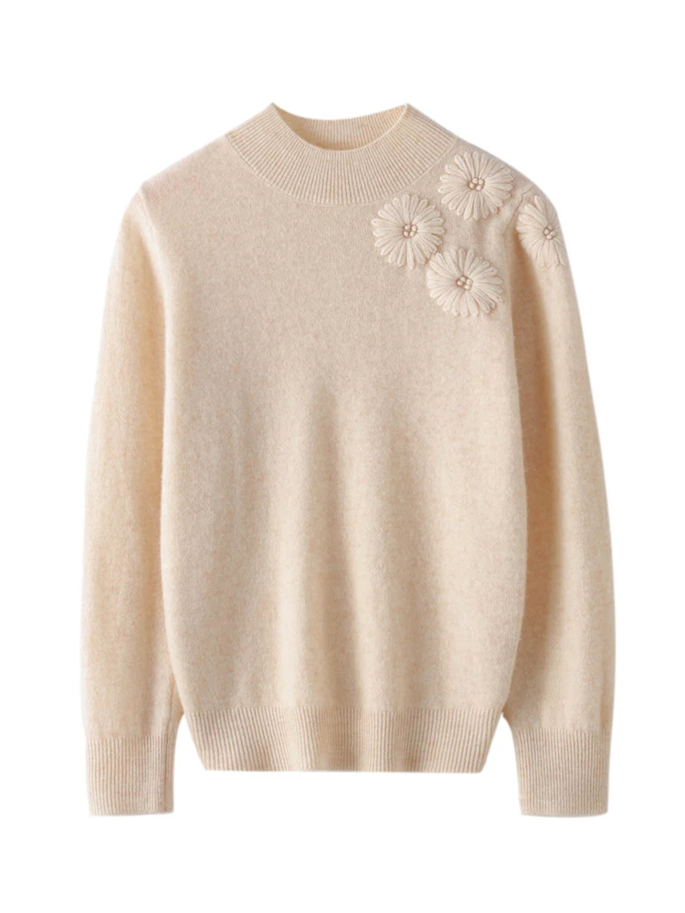 

Hand Embroidered Flowers Women 100% Merino Wool Pullover Mock Neck Sweater Jumper Soft Warm Cashmere Knitted Knitwear Tops