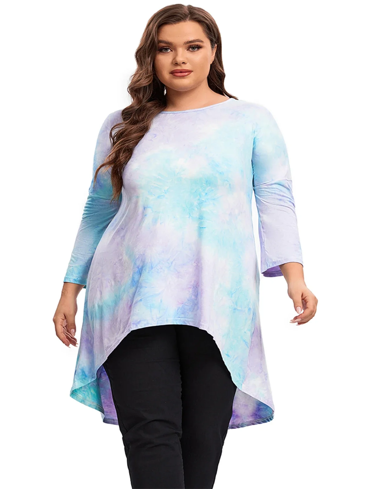 Plus Size Long Sleeve Elegant Tie Dye Tunic Tops Long Loose Spring Autumn Hi Low Swing Blouse Plus Size Clothing Women 7XL 8XL