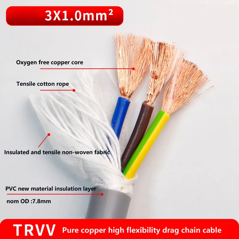 Gray 3-core TRVV High Flexibility Drag Chain Cable 0.2 0.3 0.5 0.75mm Signal Tank Chain Line Electrical Wires