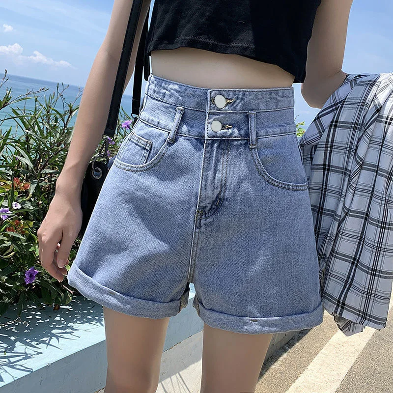 

New Niche Loose A-line High-waisted Denim Shorts.Women's Summer Fashion and Casual Double-button Design Rolled Edge Denim Shorts