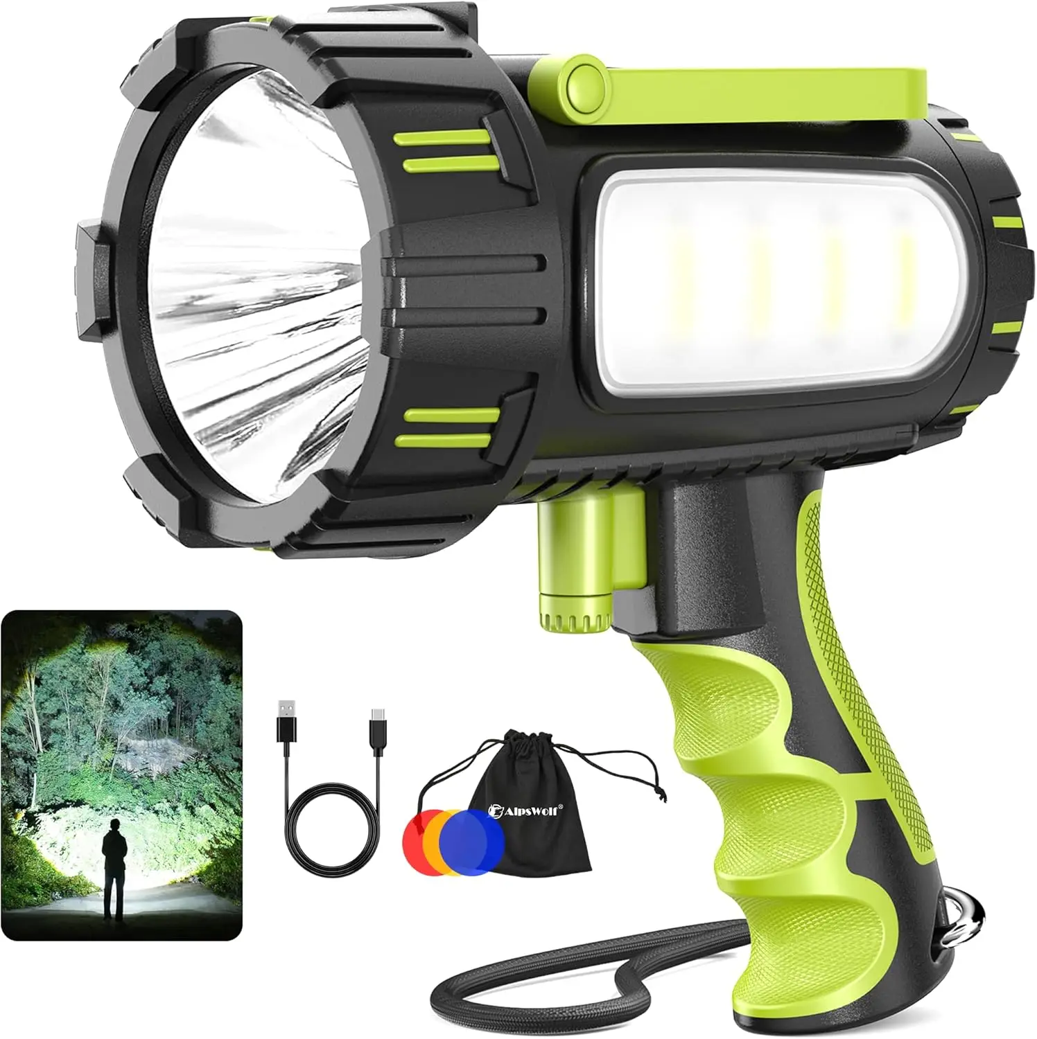 

100000 Lumen Super Bright Rechargeable Spotlight, IP68 Waterproof Handheld Searchlight with Foldable Stand & 3 Color Lens for Camping Hunting Emergency