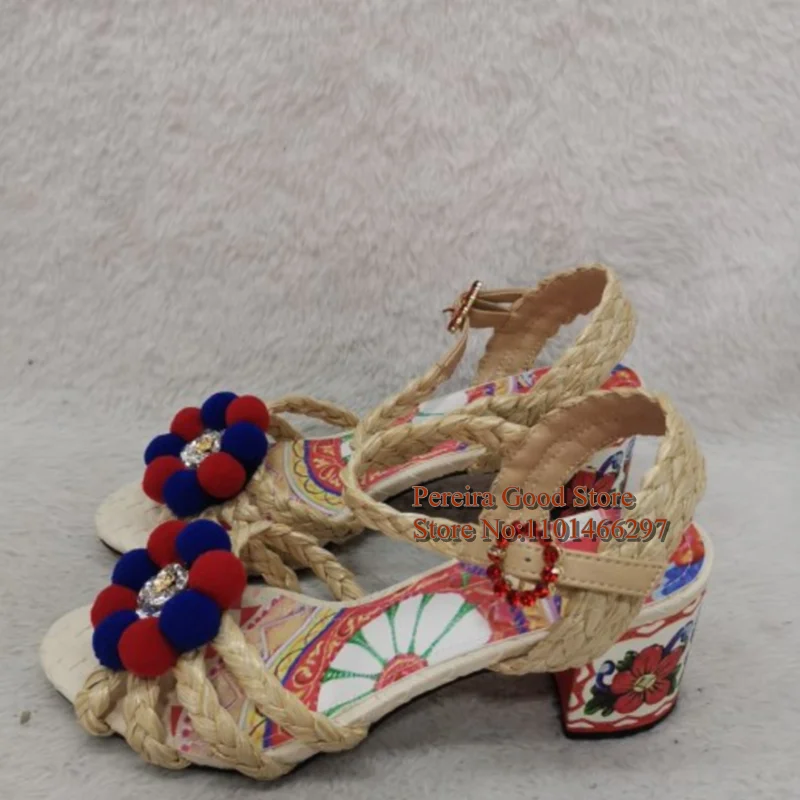 

Colorful Pom Pom Embellishment Mid-heel Sandals 6CM Open Toe Ankle Strap Printed Leather Bohemia Slingback Shoes