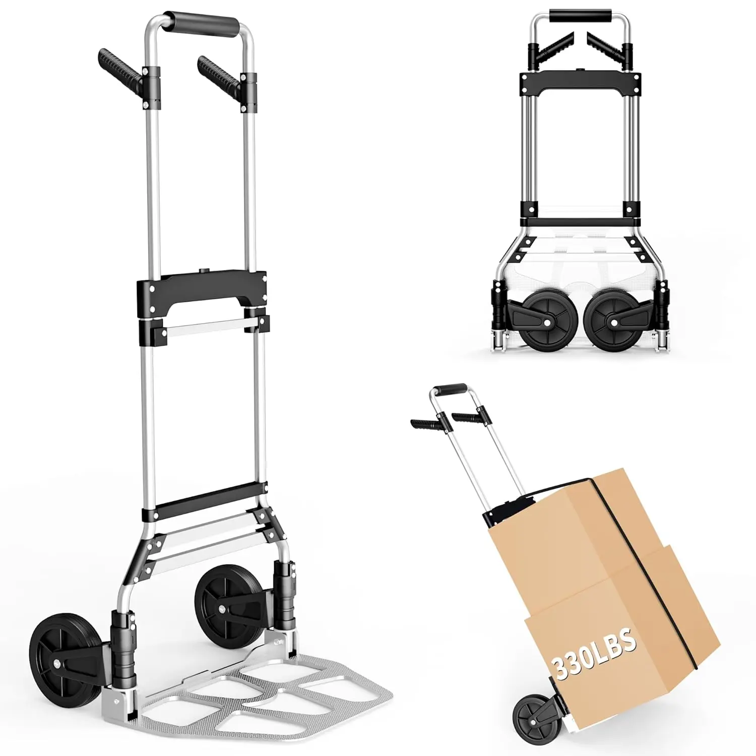 

Heavy Duty Foldable Dolly Cart with Wheels, 330 LBS Capacity, Aluminum Portable Handcart for Moving Boxes and Shopping