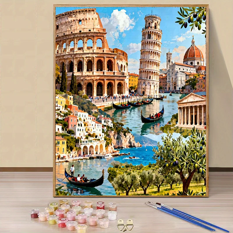 Professional art use Italian Style Digital Oil Painting Set, 1 Set 2D/Flat Colosseum, Leaning Tower of Pisa, Venice Canal Pat